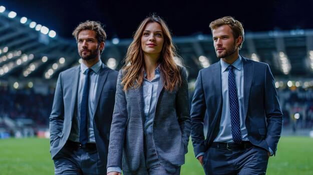 Business team walking confidently on a sports field during evening event photo