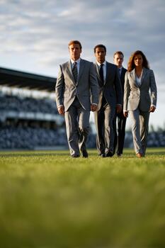 Diverse business team walks confidently on grassy field under clear sky photo