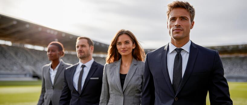 Diverse business team walking confidently on a stadium field during sunset photo