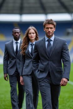 Business team walks confidently on the field at a conference event in fall photo