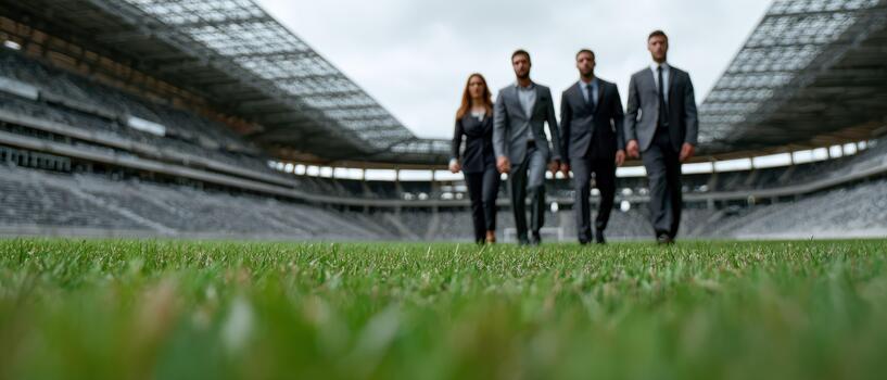 Diverse business team walking confidently on stadium grass field photo