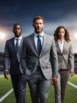 Diverse business team confidently walking on a sports field during an event photo