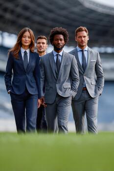 Diverse business team walking confidently on a field at a stadium photo