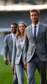 Business team walks confidently on a green field at a stadium photo