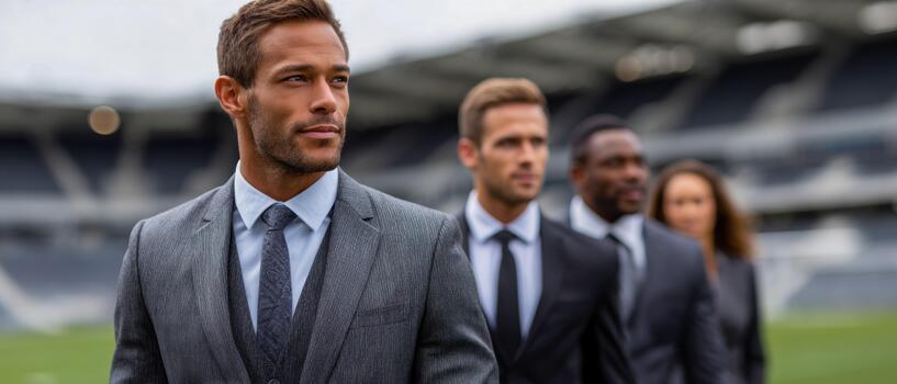 Diverse business team walking confidently on a stadium field in afternoon light photo