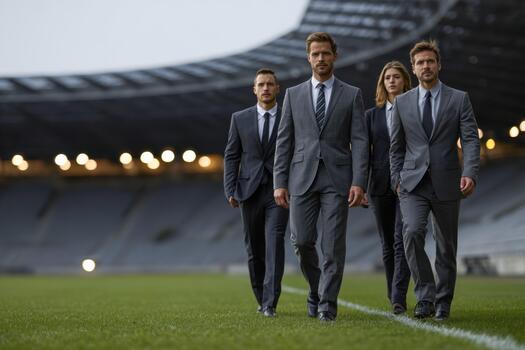 Diverse business team walks confidently on a stadium field during an evening event photo