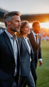 Diverse business team walks confidently at sunset in open outdoor space photo