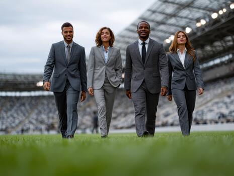Diverse team of professionals walking confidently on a sports field photo
