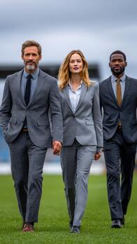 Diverse business team confidently walking on green grass under a cloudy sky photo