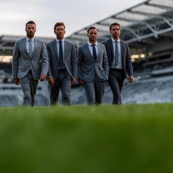 Business team walks confidently on the field during an evening event at a stadium photo