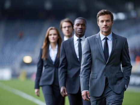 Diverse business team walks confidently on a sports field during an event photo