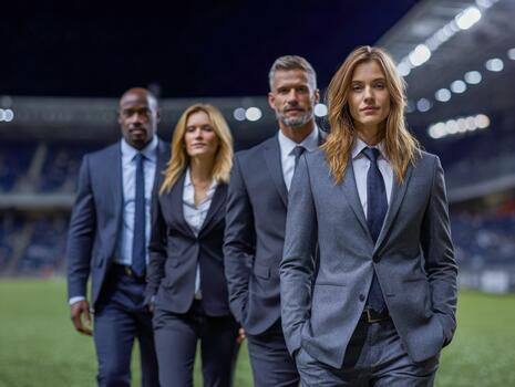 Diverse team stands confidently on a stadium field at a corporate event photo