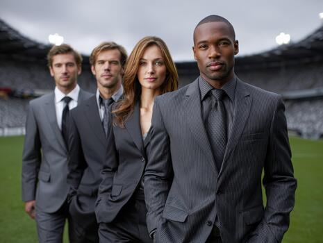 Business team preparing for a presentation at a stadium in the evening photo