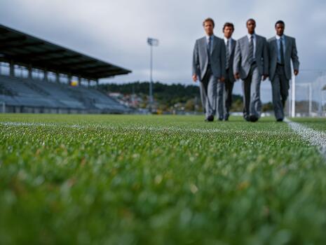 Diverse business team walks confidently on a football field during cloudy day photo