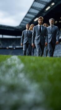 Diverse business team walking on grass at a stadium during a cloudy day photo