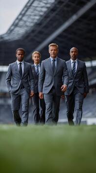 Diverse business team walking confidently in modern stadium setting photo