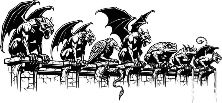 Diverse Row of Gargoyles and Mythical Creatures on Ledge vector