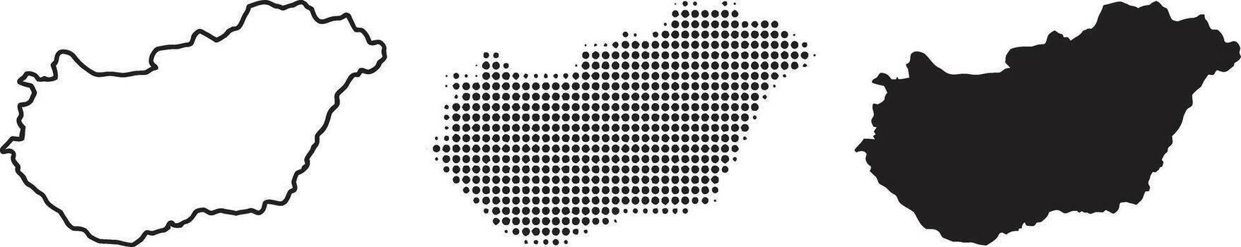 Hungary map set with outline, halftone dots, and solid silhouette vector