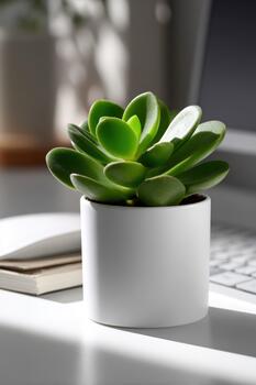 Succulent plant in bright office space with soft sunlight filtering through window photo