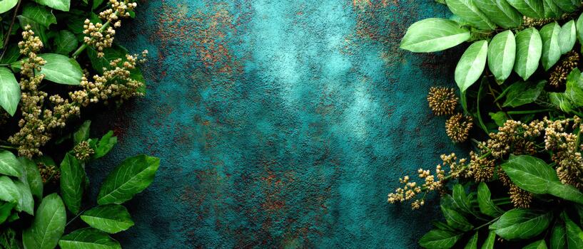 Vibrant greenery framing a textured blue background in a natural setting photo