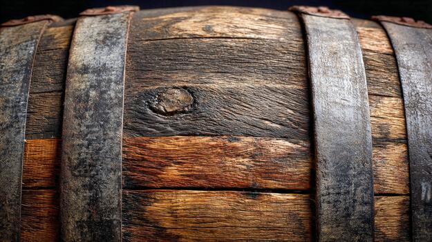Detailed view of a vintage wooden barrel resting against a simple backdrop photo