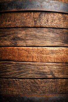 Detailed view of a rustic wooden barrel with rich textures and tones photo