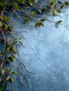Leaves and branches against a textured blue wall in a natural setting photo