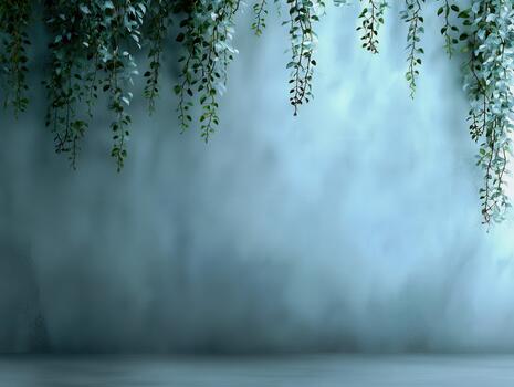 Lush green vines cascading down a textured wall in a serene space photo