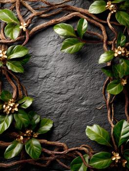Vibrant green leaves and twisted vines frame a dark stone background photo