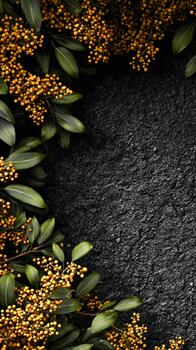 Bright yellow berries and green leaves frame a dark textured background photo