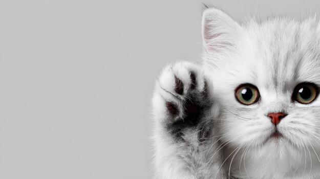 Cute white cat raising paw against a plain background with curious expression photo