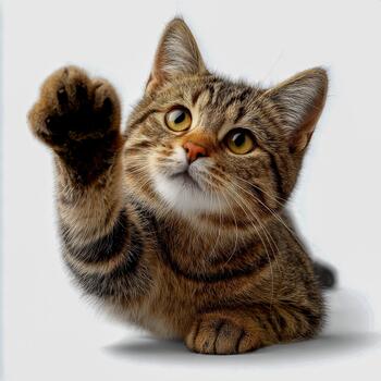 Cat raises paw playfully against a light background with curious expression photo