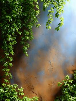 Beautiful greenery cascading against a textured wall in a serene outdoor setting photo