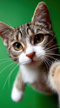 Curious cat reaching for the camera in a vibrant green background photo