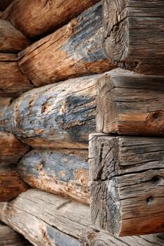 A close up of a log wall with a clock photo