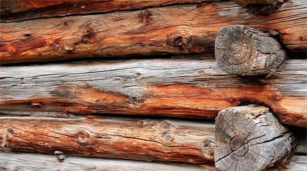 A close up of a log wall with some logs photo