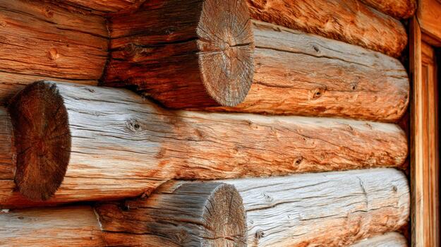 Logs on the wall of a log cabin photo