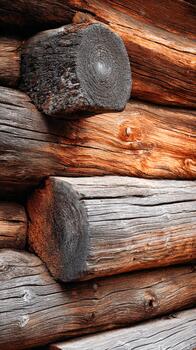 A close up of a log wall with a clock on it photo