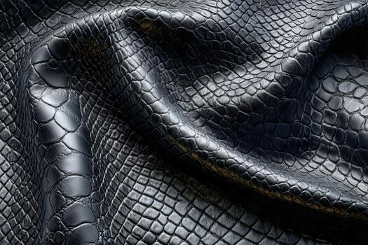 Close-up view of textured black leather with crocodile pattern in natural light photo