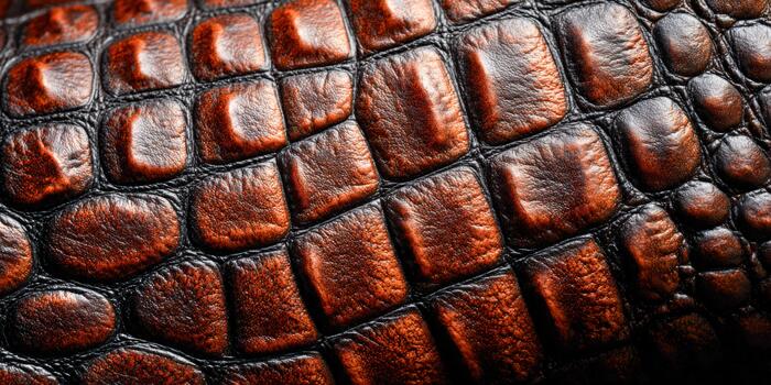 Detailed close-up of textured brown leather with a crocodile pattern photo