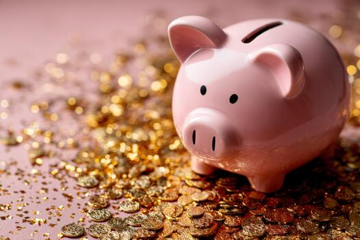 cerdito banco rodeado por brillante monedas en un rosado antecedentes crea financiero vibraciones foto