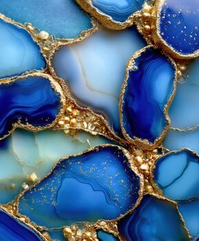 Colorful blue and gold abstract design with agate patterns creating a vibrant surface photo