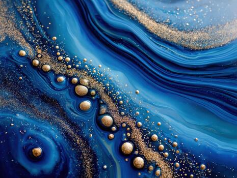 Vibrant blue and gold abstract texture with fluid patterns and shiny details photo