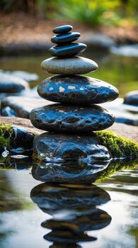 Balancing stones create a tranquil scene by the water in a peaceful garden photo