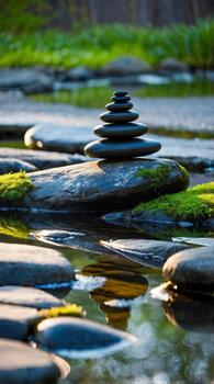 Stacked stones create tranquility in a peaceful garden setting near water photo