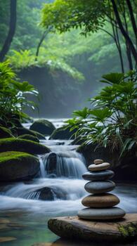 Tranquil stack of stones by a peaceful stream surrounded by lush greenery photo