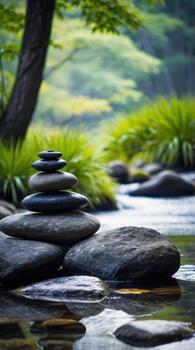 Serene stack of stones by a tranquil stream in a lush green setting photo