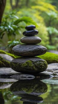 Balanced stones create a calming display by a serene pond surrounded by greenery photo