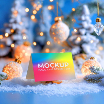 Attrappe, Lehrmodell, Simulation Karte auf Schnee mit Weihnachten Ornamente und Bäume im Hintergrund mit Bokeh Beleuchtung bewirken Szene Aussicht psd