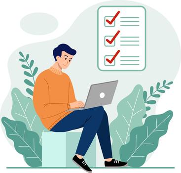 Illustration of a man working on a laptop with a completed checklist floating nearby, symbolizing remote work, task management, and work-life balance. vector